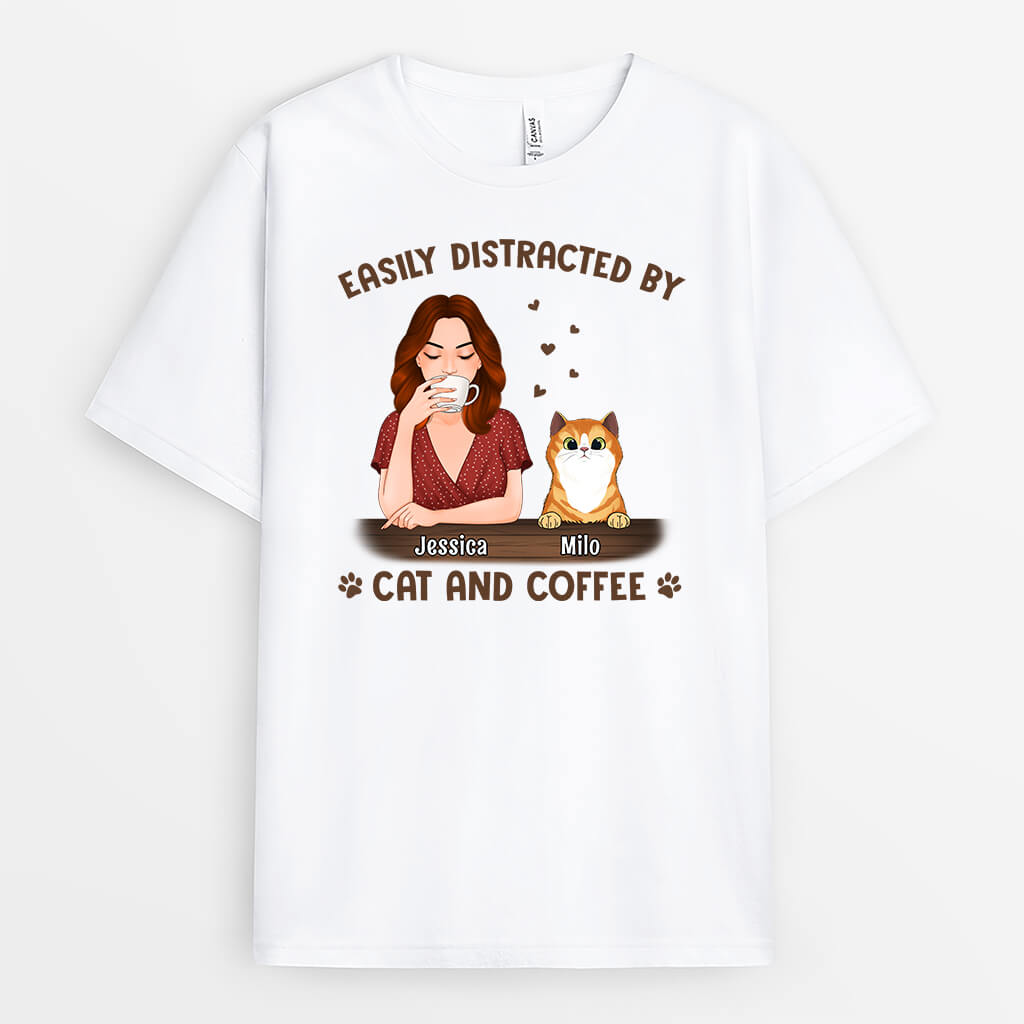 1306AUK1 personalised distracted by coffee and cat t shirt