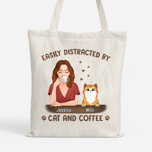 1306BUS1 personalized easily distracted by coffee and cat tote bag_1