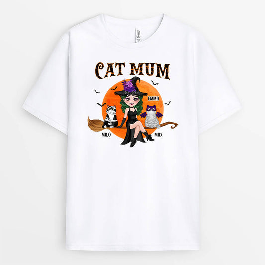 1310AUK1 personalised cat mom sitting on broom t shirt