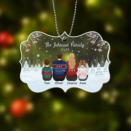 1412OUK2 personalised family back view in snow ornament