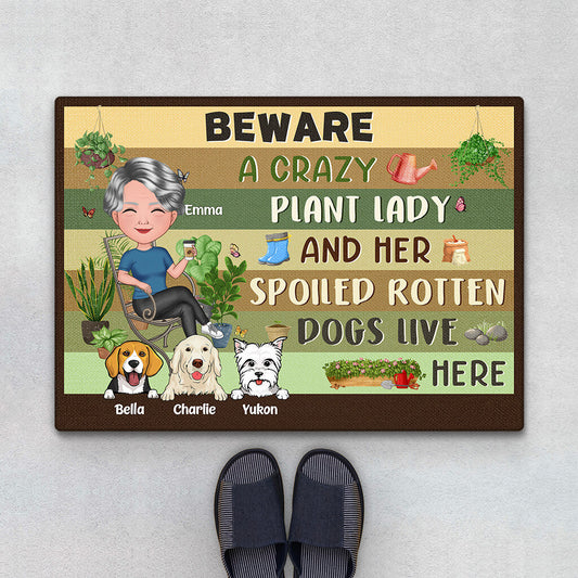 1856DUK1 personalised beware a crazy plant lady _ her spoiled rotten dogs live here doormat
