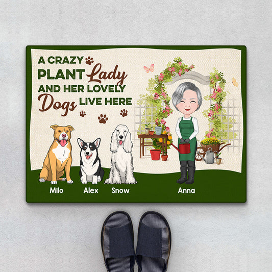 1863DUK1 personalised a crazy plant lady and her lovely dogs doormat