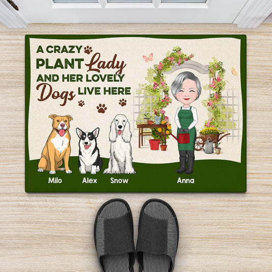 1863DUK2 personalised a crazy plant lady and her lovely dogs doormat