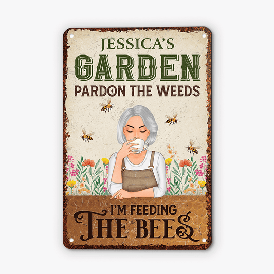 1994EUK2 personalised pardon the weeds im feeding the bees metal sign