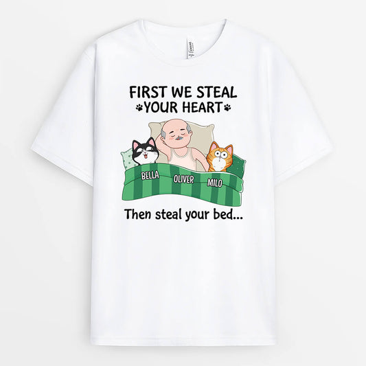 2272AUK1 personalised we steal your heart first then we steal your bed cat t shirt