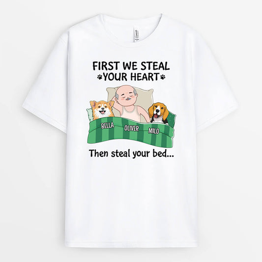 2272AUK1 personalised we steal your heart first then we steal your bed dog t shirt
