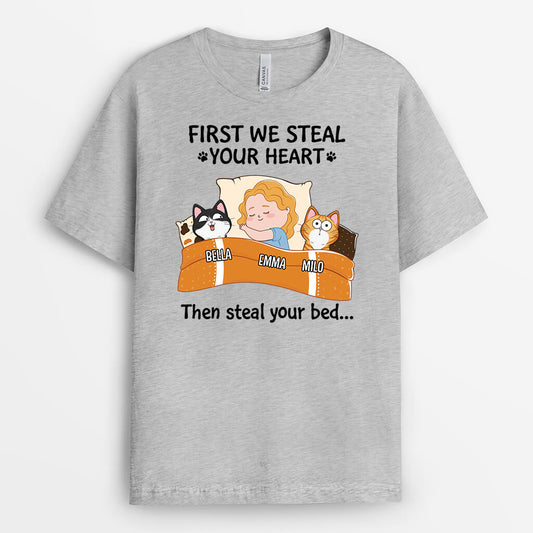 2272AUK2 personalised we steal your heart first then we steal your bed cat t shirt