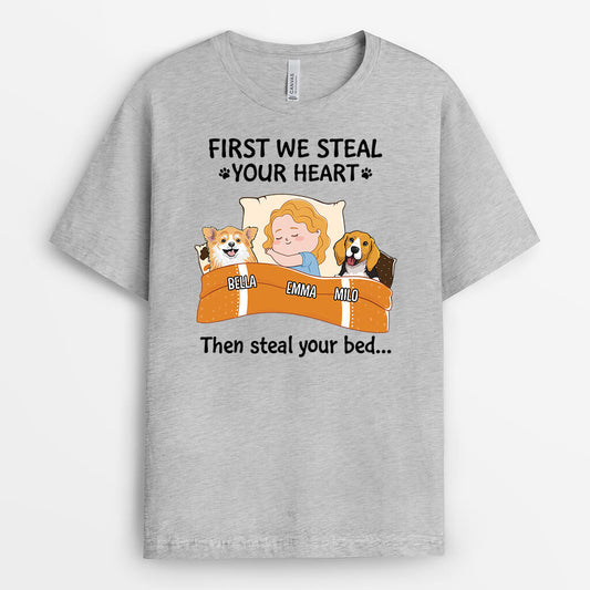 2272AUK2 personalised we steal your heart first then we steal your bed dog t shirt