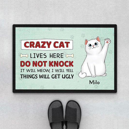 2642DUK1 crazy cat lives here doormat personalised gifts for cat owners