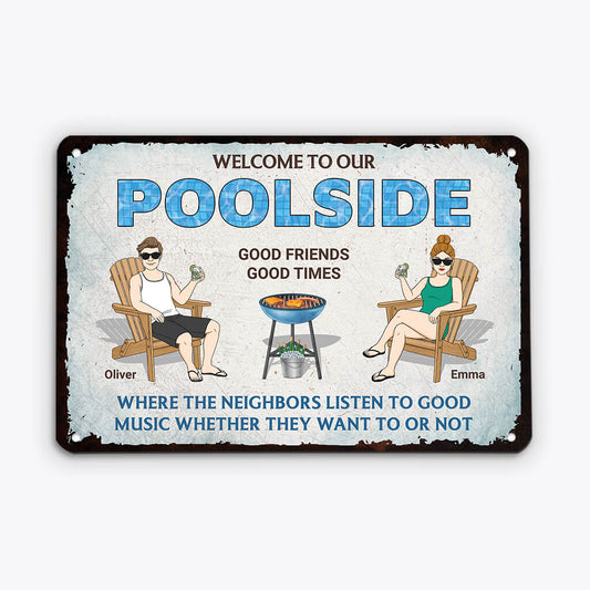 2678EUK1 welcome to our poolside custom metal signs uk for couple