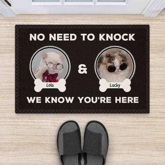2892DUK2 no need to knock i know youre here personalised cat doormat