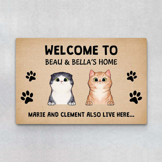 2910DUK1 welcome to beau bellas home doormat personalised gifts for cat lovers