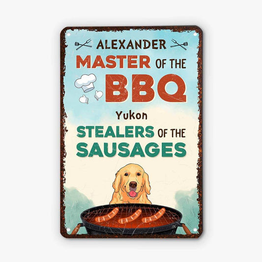 2937EUK2 dog owners names master of bbq metal sign personalised gifts for dog lovers