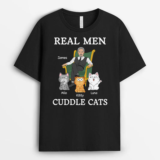 3189AUK2 real men cuddle cats t shirt personalised presents for cat lovers