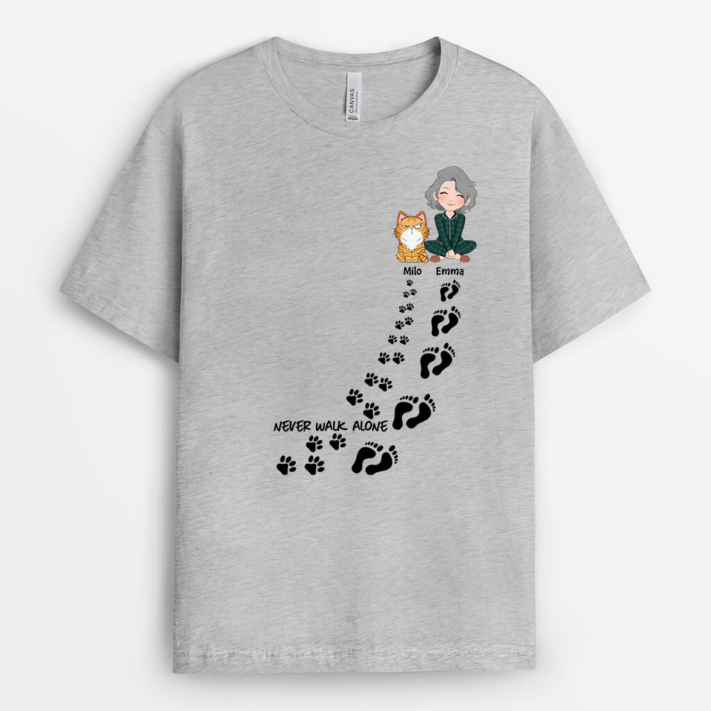 3228AUK2 never walk alone girl and cat customised t shirt for cat lovers uk