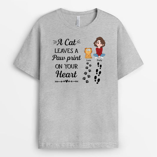 3351AUK2 personalised cats leave paw prints on your heart personalised t shirt for cat lovers