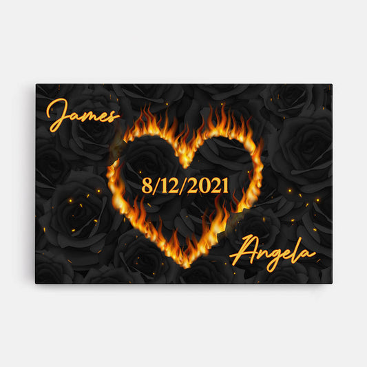 3690CUK1 black roses heart on fire canvas custom art print for couple