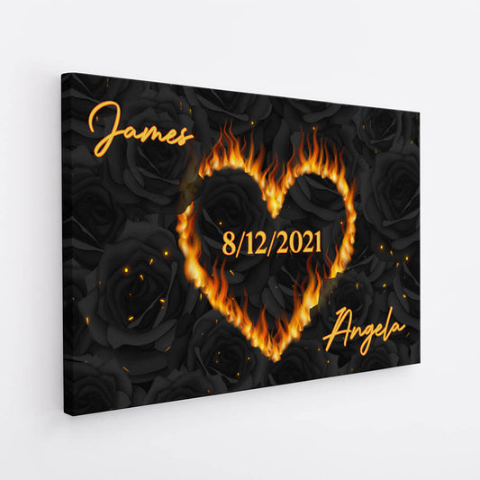 3690CUK2 black roses heart on fire canvas custom art print for couple