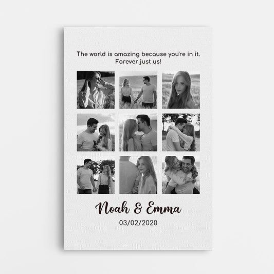 3707CUK1 the world is amazing because youre in it personalised photo collage canvas in black white for couple