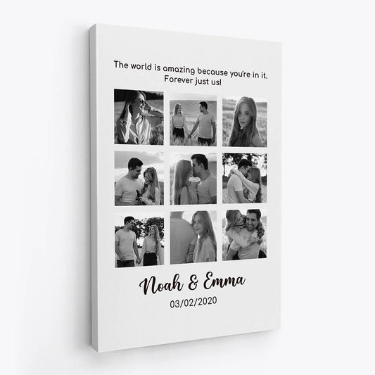 3707CUK2 the world is amazing because youre in it personalised photo collage canvas in black white for couple