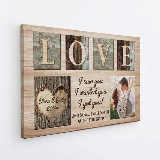3749CUS2 ISawYouIWantedYouIGotAndNowIWillNeverLetYouGo PersonalisedCouplePhotoCanvas
