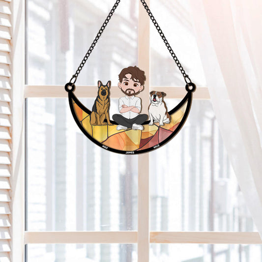 3795UUS2 girl and dog sitting on the moon personalized window hanging suncatcher ornament gifts for dog lovers 3795U5H0C