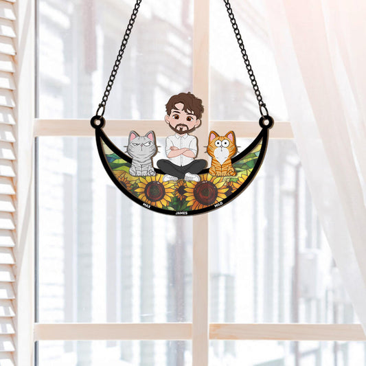 3795UUS4 girl and cat sitting on the moon personalized window hanging suncatcher ornament for cat lovers 3795U5H0D