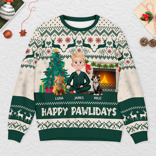 5644WUS2 personalized cat gifts happy pawlidays ugly christmas sweater 5644WTLND