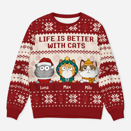5652WUS1 personalized ugly christmas sweater life is better with cats 5652WKZND