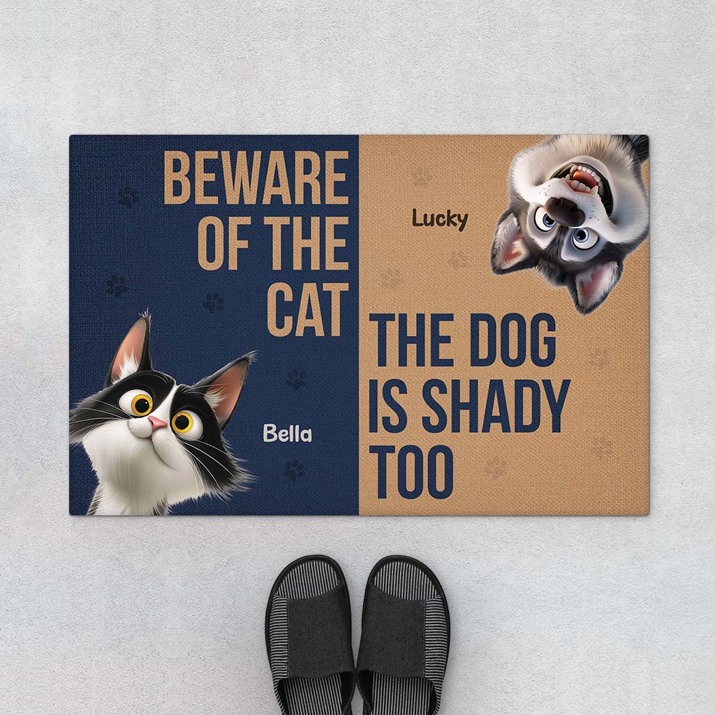 6354DUS1 custom pet doormats beware of the cat_ the dog is shady too 6354D