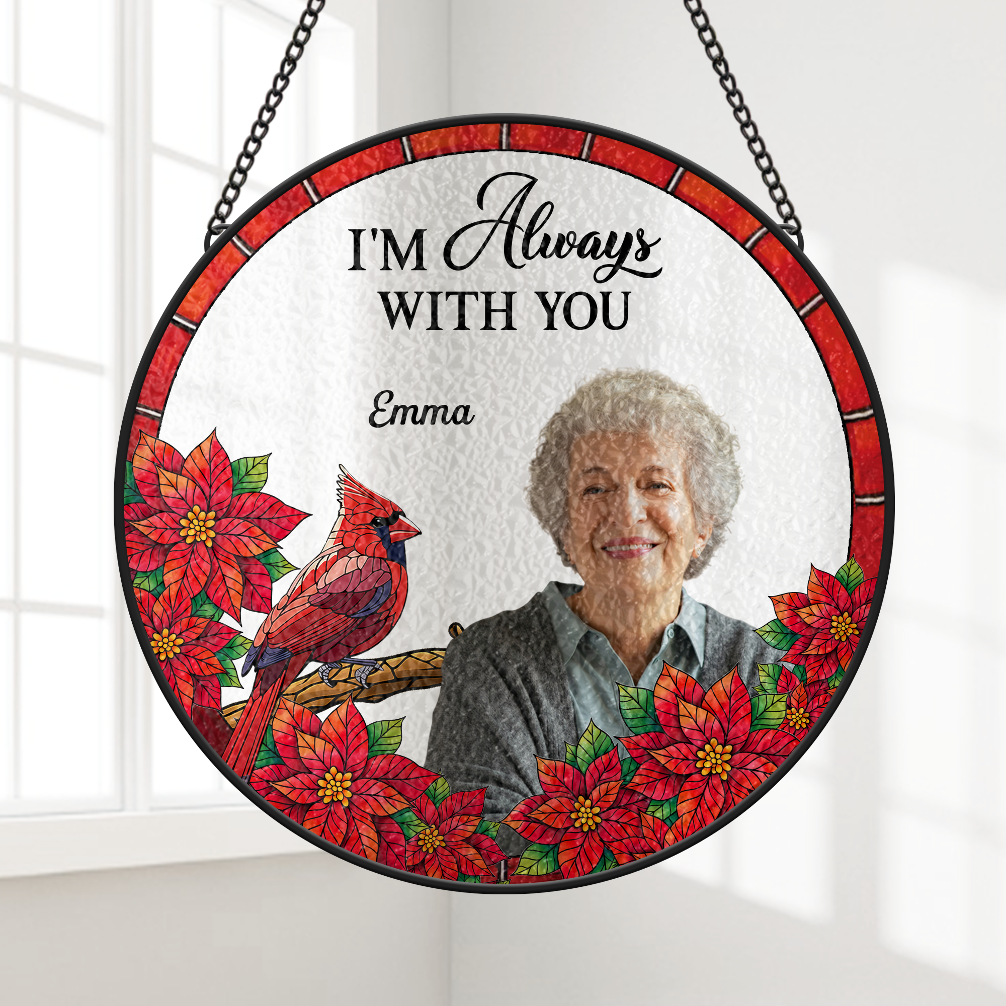 7676UUS1 stained glass cardinal suncatcher personalized photo memorial gifts for loss of momdad 7676u3taa