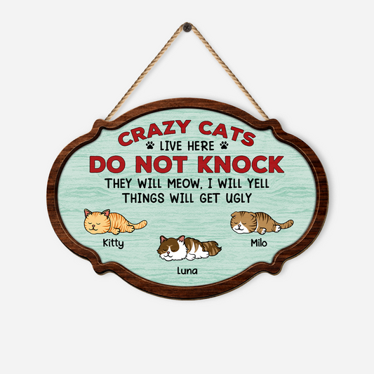 7772QUS1 wooden crazy cats live here do not knock sign_ custom cat lover gifts 7772q6chc
