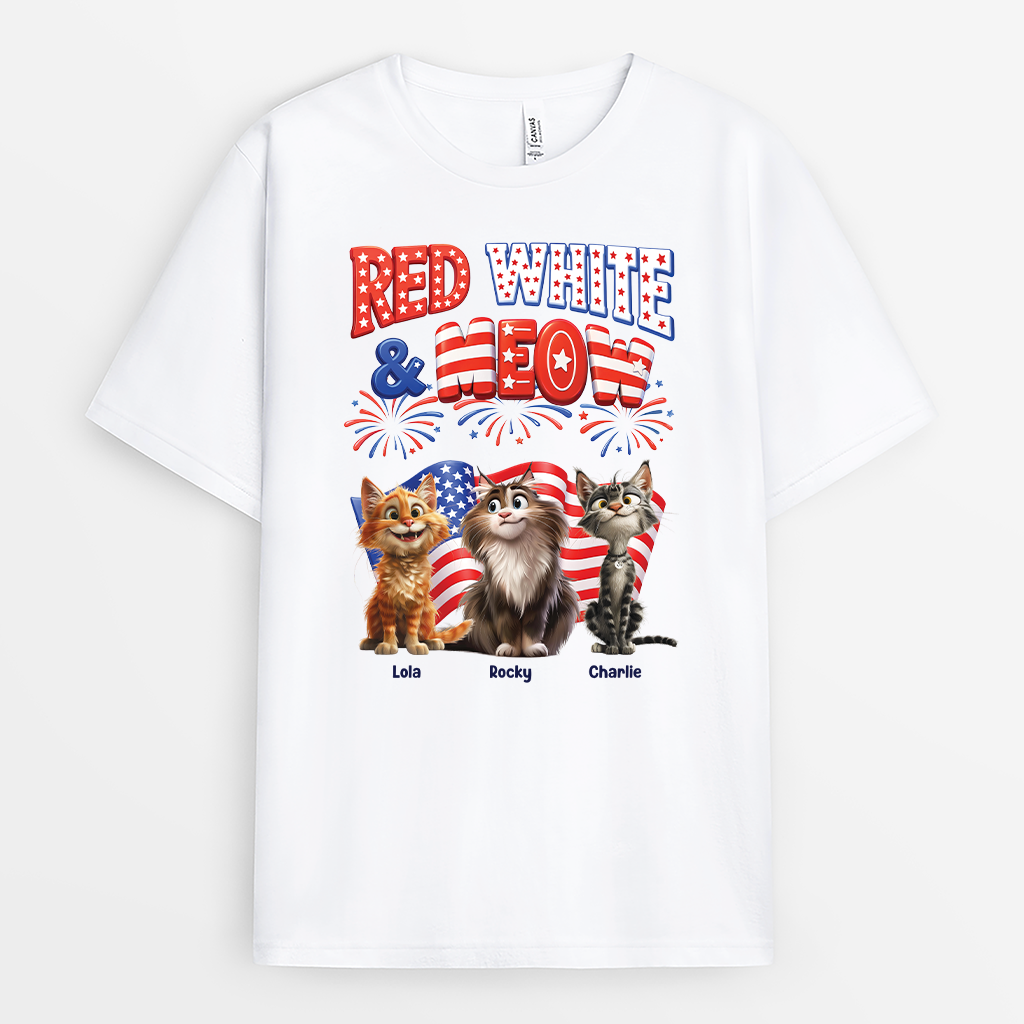8835AUS1 red white and meow shirt_ personalized 4th of july gifts for cat lovers 8835ashzd