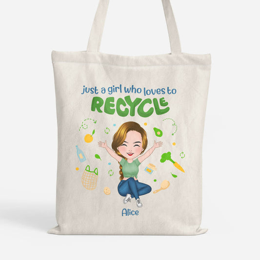 1298BUK1 personalised a girl who loves to recycle tote bag