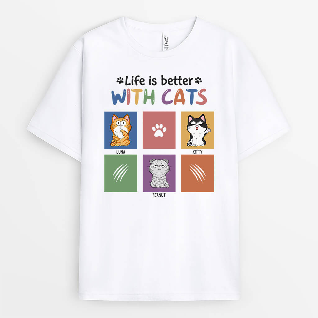 1299AUK1 personalised life is better with cats t shirt