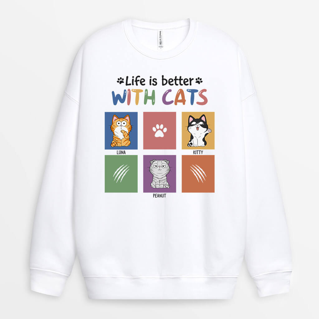 1299WUK2 personalised life is better with cats sweatshirt