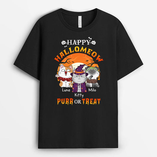 1302AUK1 personalised happy halloween purr or treat t shirt