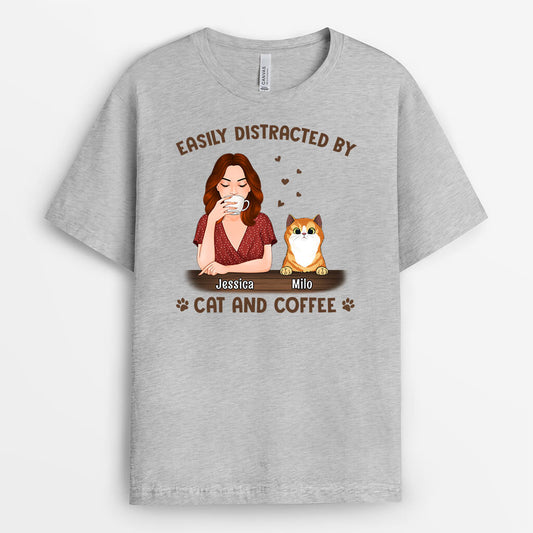 1306AUK2 personalised distracted by coffee and cat t shirt