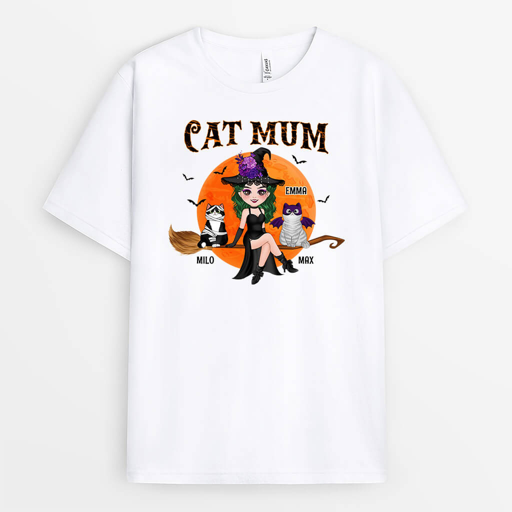 1310AUK1 personalised cat mom sitting on broom t shirt