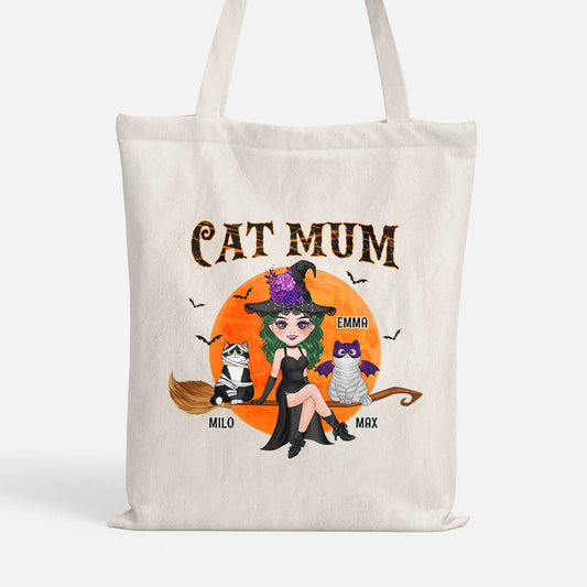 1310BUK1 personalised cat mom sitting on broom tote bag