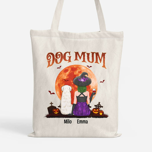 1322BUK1 personalised dog with red moon dog mum halloween tote bag