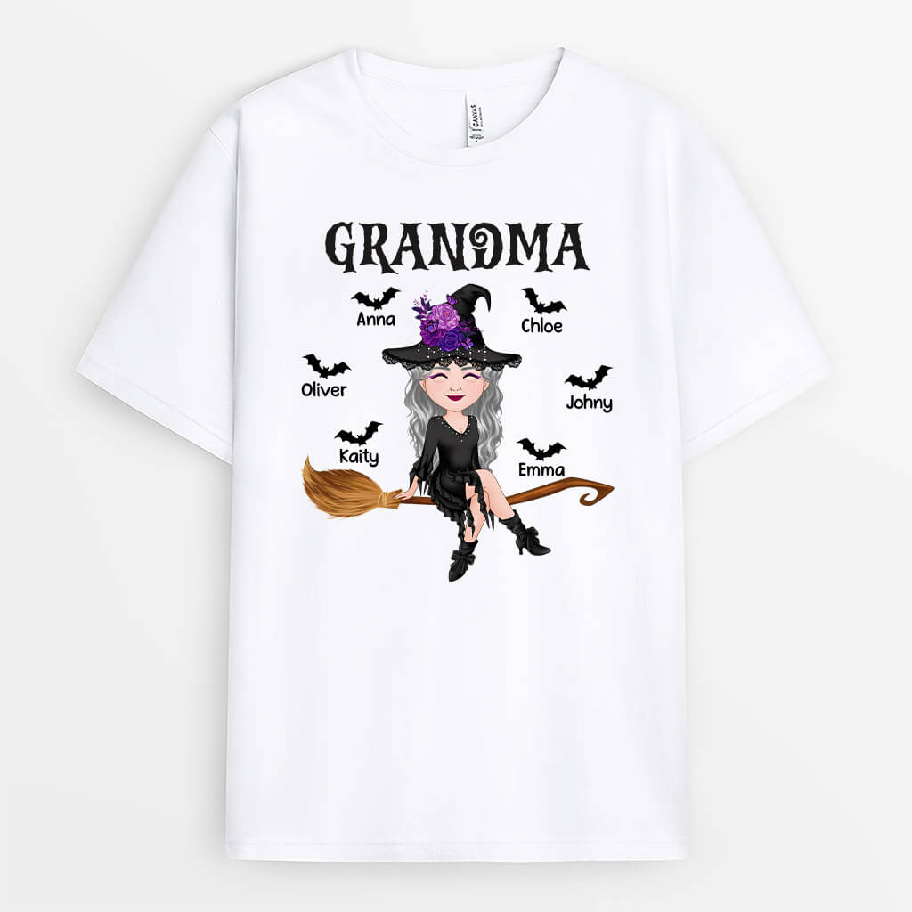 1323AUK1 personalised grandma halloween with broom t shirt