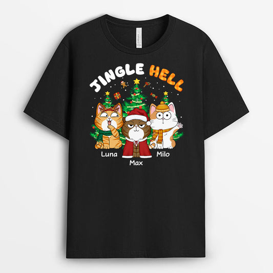 1364AUK1 personalised jingle hell cat christmas t shirt
