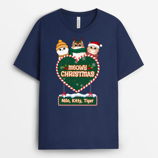 1385AUK2 personalised meowy christmas for cat lovers t shirt
