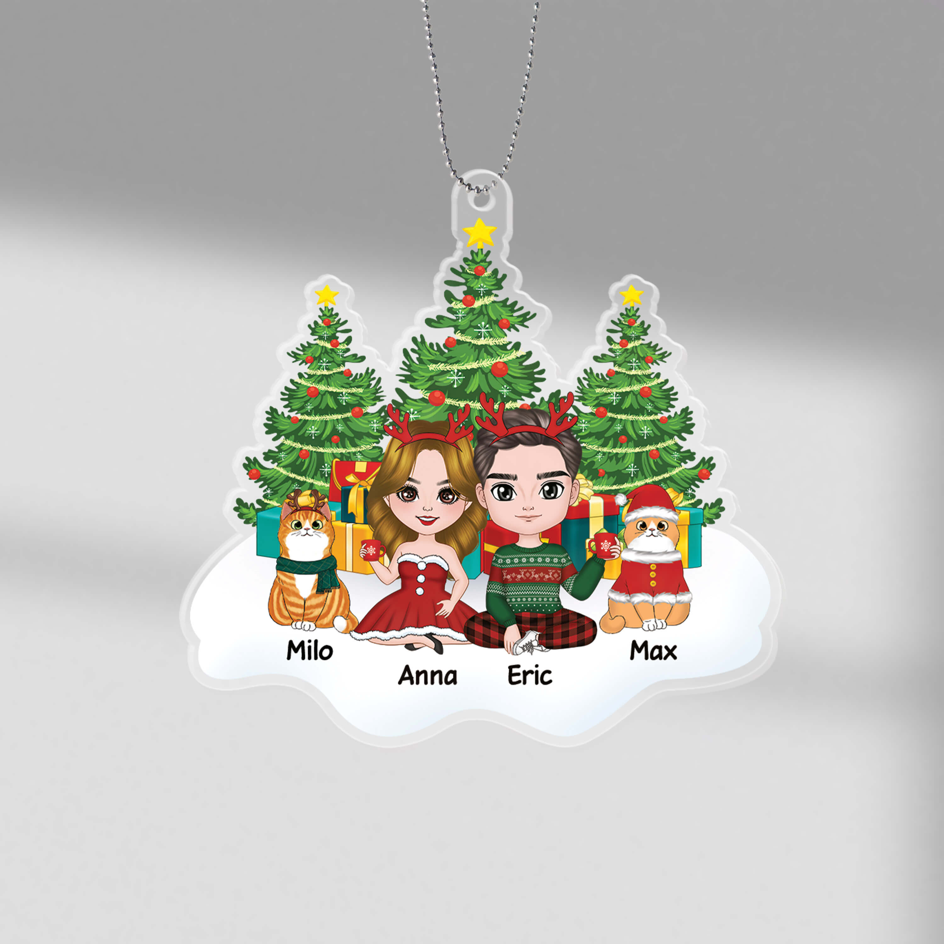 1406OUK1 personalised couple and cats sitting on snow christmas tree ornament