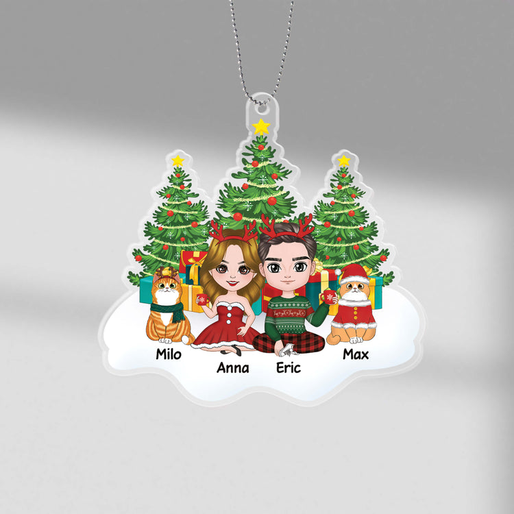 Personalised Couple And Cats Sitting On Snow Christmas Tree Ornament - Personal Chic