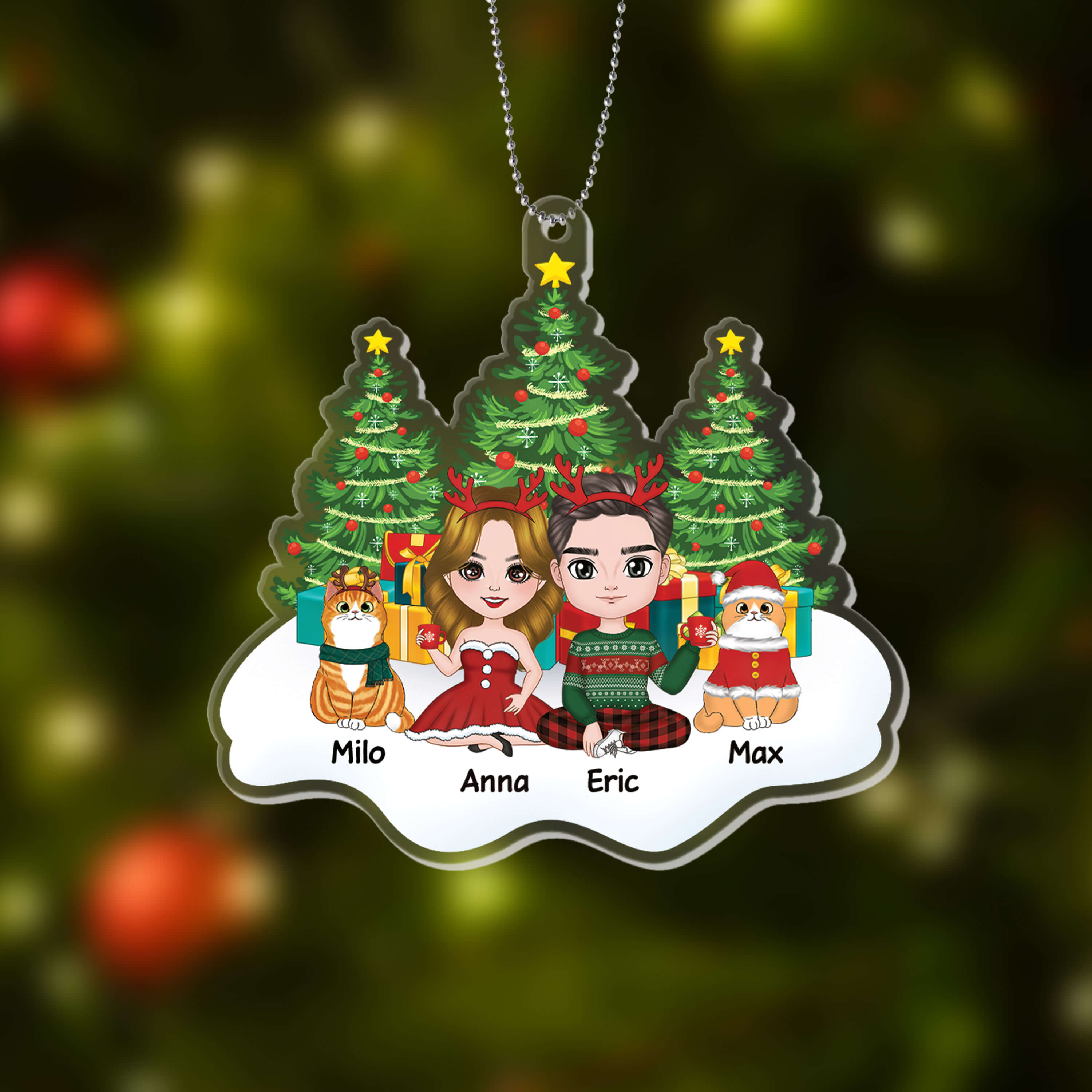 1406OUK2 personalised couple and cats sitting on snow christmas tree ornament