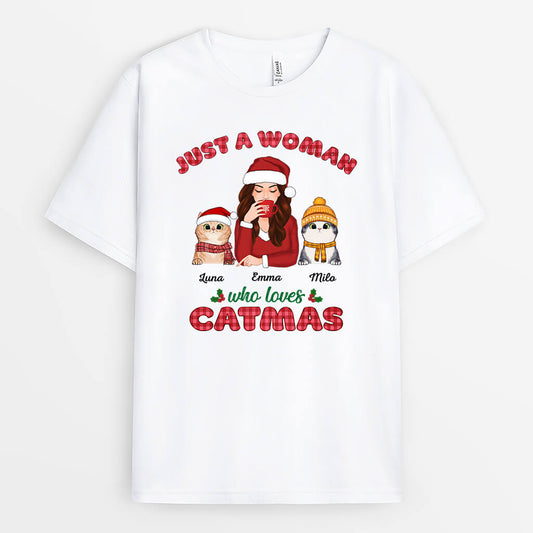1442AUK1 personailsed just a woman who loves catmas t shirt