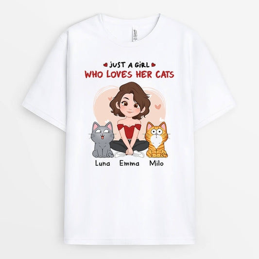 1537AUK1 personalised just a girl who loves her cats t shirt