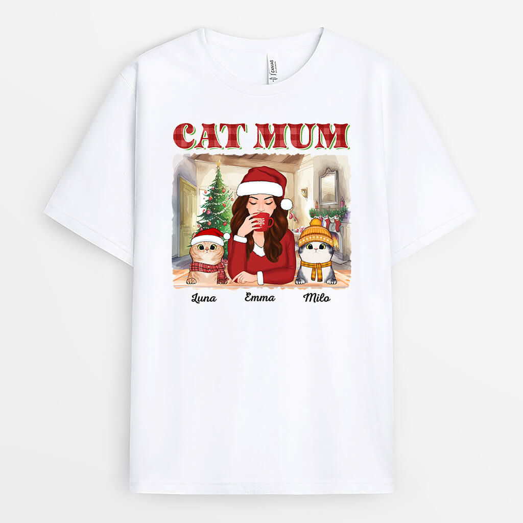 1544AUK1 personalised christmas and cat mum t shirt